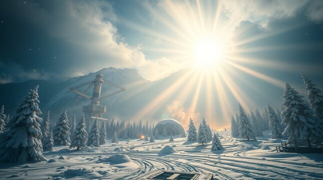 Stunning winter landscape with sun shining brightly over snow-covered terrain and ski lifts in a breathtaking mountain setting
