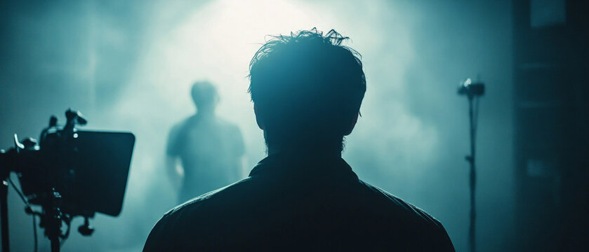 The film crew shoots a scene in the fog, creating a mysterious and enigmatic atmosphere that emphasises the process of filmmaking — a unique atmospheric backdrop 