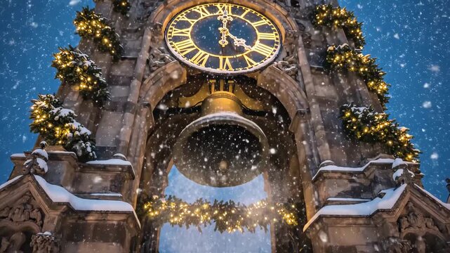 snowy clock tower square at night, illuminated golden clock face and giant bell framed by garland lights, gentle snowfall against deep blue twilight sky, historic stone arch and lamp-lit buildings.