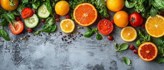 Fresh citrus slices, berries and greens on a grey background emphasise health and naturalness, ideal for the background of culinary blogs or advertisements for organic products.