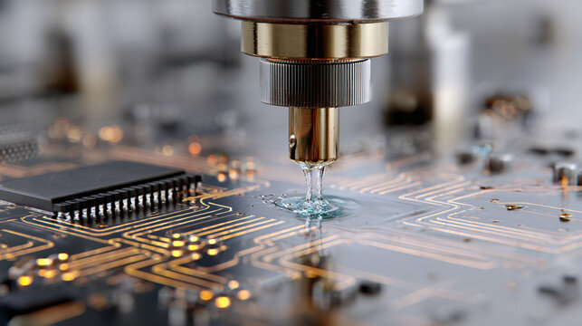 An up-close view of a sophisticated robotic arm precisely applying a liquid to a circuit board, highlighting cutting-edge technology and intricate details