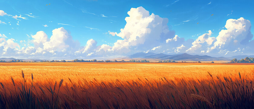 Beneath the golden ears of wheat in the endless field, the sky stretched out with fluffy clouds, creating a harmony of nature that was ideal as an atmospheric backdrop - Powered by Adobe