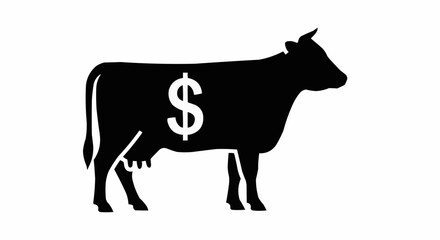 Symbolic black cow silhouette with prominent white dollar sign on its side representing financial gain or a cash cow concept