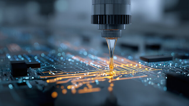 An automated machine working on a circuit board, representing the modern technology and industry. The machine is meticulously applying a liquid to the board