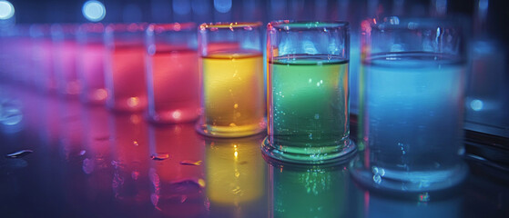 Laboratory flasks filled with colourful liquids symbolise chemical research and are ideal as a background for educational materials about scientific experiments.