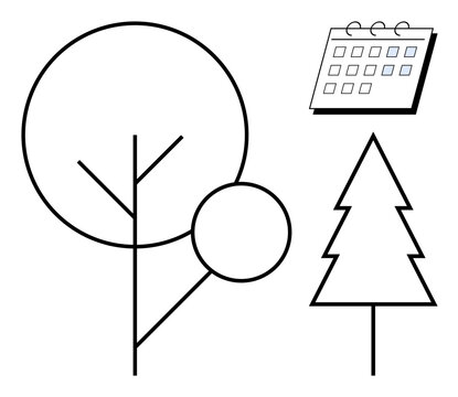 Two geometric tree shapes and a calendar emphasize environmental awareness and planning. Ideal for sustainability, ecology, nature preservation, forestry, time management, eco-projects, minimalist