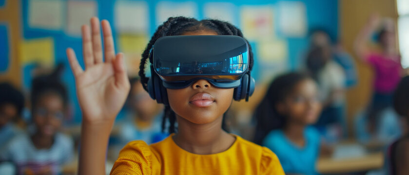 A child wearing virtual reality glasses raises their hand in class — a topical visual for discussing innovations in education or a thematic backdrop at technology exhibitions.