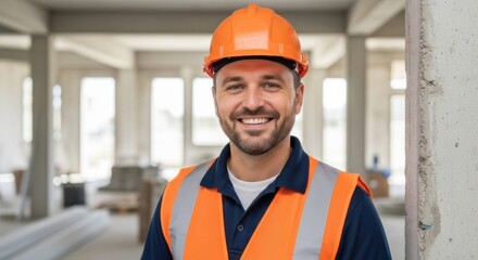 Fototapeta premium Portrait of a Happy Bearded Construction Worker in Hard Hat and Safety Vest at a Building Site.