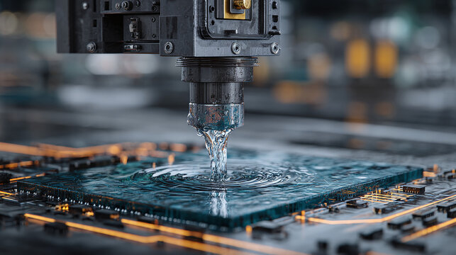 An industrial machine precisely fabricating a microchip with intricate detail, symbolizing technological advancement and precision engineering