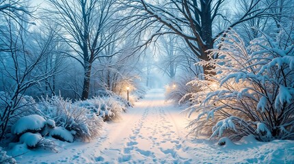 Serene snow-covered pathway illuminated by lanterns, surrounded by frosty trees and a tranquil winter atmosphere