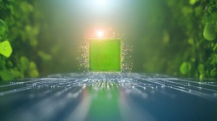 A conceptual image showcasing a green cube representing innovation amidst a digital landscape with glowing effects.
