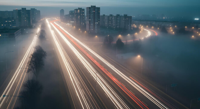 Foggy Highway with Cars in Long Exposure