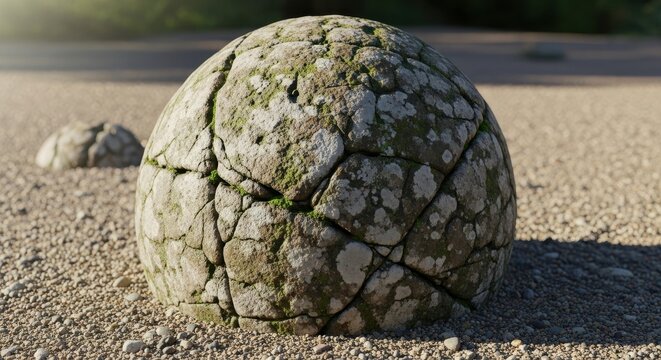 Ancient stone sphere with weathered texture and mossy growth resting on gravel surface in natural - Powered by Adobe
