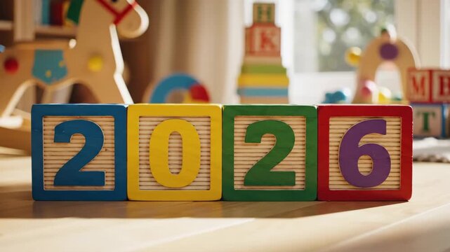colorful wooden blocks display 2026 on table, sunlit nursery setting, toy horse and alphabet blocks in background, closeup detail, warm golden glow, festive calm mood, clean composition for seasonal.