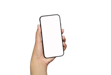 ,Woman's Hand Holding Frameless Smartphone With White Screen. Isolated,Hand holding black smartphone on white screen , isolated white background