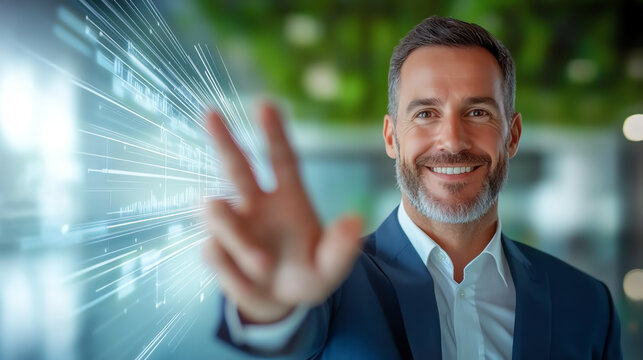 A confident businessman smiling and gesturing towards digital data representation, showcasing innovation and leadership in technology. - Powered by Adobe