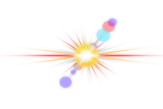 Vibrant abstract light burst with fiery rays, colorful glow, and dynamic digital lens flares isolated on transparent background
