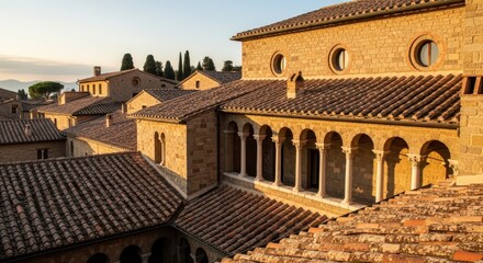 Obraz premium Ancient Tuscan architecture features tiled roofs and arcaded facades in golden sunlight