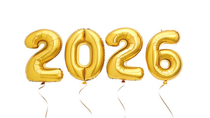 Golden 2026 number balloons for a New Year celebration party. Isolated on transparent background, png
