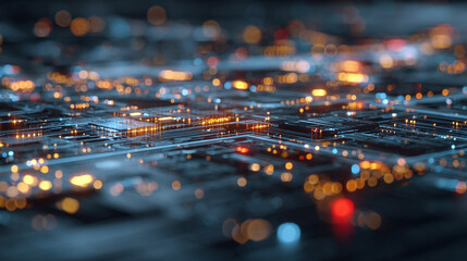 An abstract digital landscape, lit with glowing lights and complex circuitry. The image showcases technology and innovation