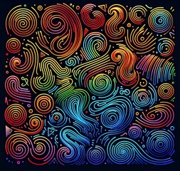Fototapeta premium A collection of vibrant, squiggles and spiral shapes, arranged randomly across a solid black background