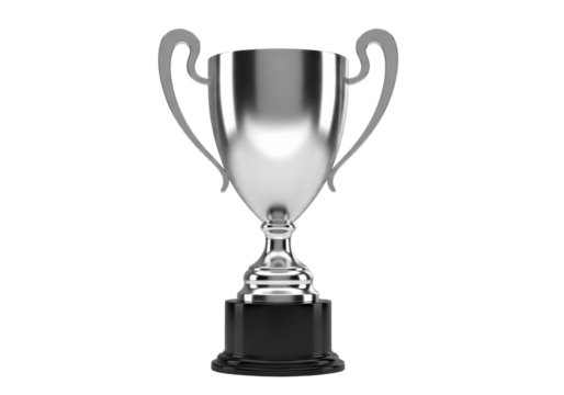 Shiny silver trophy cup isolated PNG, award prize for winning competition or championship on transparent background