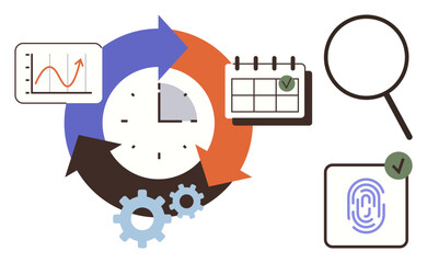 Clock with cyclical arrows, gears, data chart, calendar, magnifying glass, fingerprint with checkmark. Ideal for productivity, organization technology analysis planning security workflow. Simple
