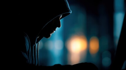 A silhouette of a person in a hoodie, focused on a task, surrounded by a softly lit, blurred background, conveying a sense of mystery and concentration.