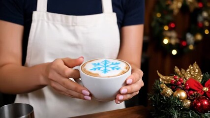 barista displaying blue snowflake latte art nearby holiday decorations, charming snapshot of barista presenting snowy blue latte surrounded by christmas embellishments and warm ambiance.
