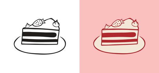 Hand drawn cartoon cake slice icon with strawberry, Sweet bakery pastry illustration dessert. for menu, invitations, sticker, or birthday design. Doodle vector illustration.