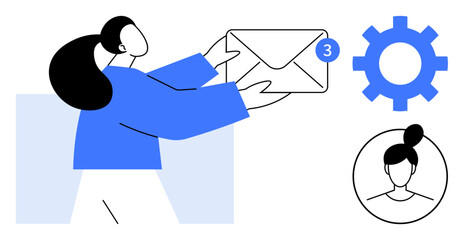 Woman holding an envelope with a notification badge, gear symbolizing settings, and profile icon. Ideal for communication, teamwork, email systems, notifications, user profiles, workflow and digital