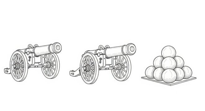Antique artillery sketch depicting historical cannons and a stockpile of cannonballs ready for
