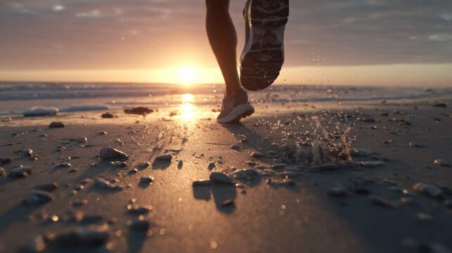 Footsteps on the Horizon: A runner's determined stride across a sandy beach, silhouetted against a radiant sunrise, embodying the essence of perseverance and aspiration. 