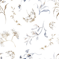 Dry plants and grasses seamless watercolor pattern. Botanical field illustration with herbs and stems. Perfect for wrapping, fabric, and winter-themed designs.
