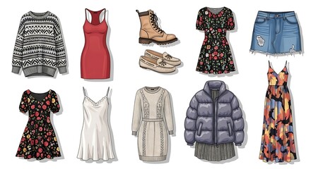 Stylish clothing and accessories collection showcasing trendy outfits for diverse occasions
