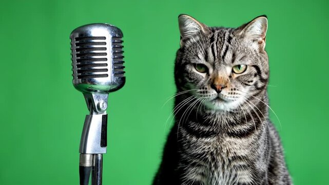 A confident tabby cat poses stoically next to a vintage silver microphone against a vibrant green background, ready for its close-up