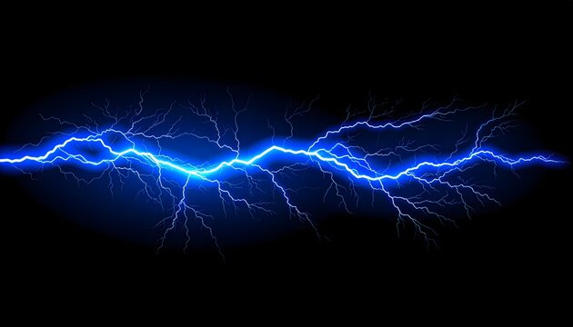 Realistic, horizontal blue lightning arc or thunderbolt splitting the darkness, representing high voltage, power, energy, and electric pulse.