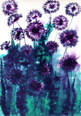 An abstract floral landscape, executed using a technique that imitates ink with a smudged effect. The composition consists of stylized flowers on long stems. The illustration looks very atmospheric.