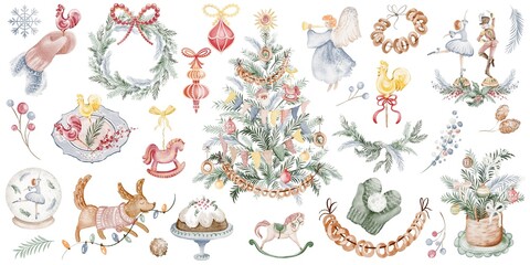 Christmas watercolor illustration set with pine branches, garland, candy, and snowflake. Isolated clipart for cards, stickers, and new year decoration.