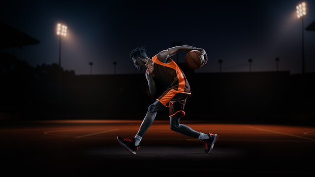Creative collage. Focused basketball guard controlling the ball under dramatic stadium lights. Concept of concentration, sports branding visuals, performance motion, and competitive campaign design.