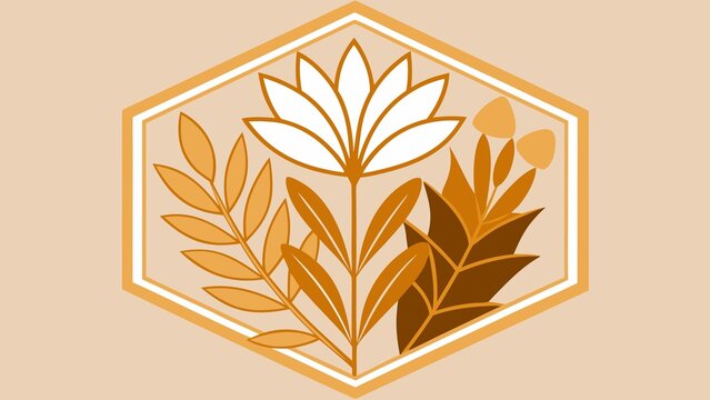 Geometric hexagon frame with stylized botanical floral illustration in warm earth tones