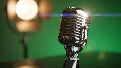 Retro microphone on a green background with a soft light illuminating it, perfect for audio recording or broadcasting