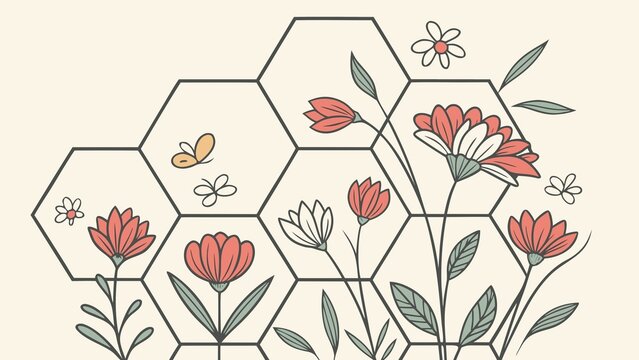 Whimsical illustration of blooming flowers and bees within a honeycomb pattern