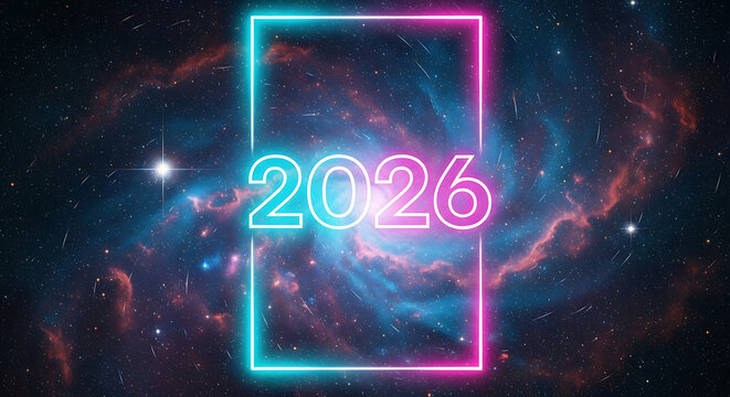 Neon illuminated year 2026 glowing within a rectangular frame set against a backdrop of a cosmic nebula and galaxies