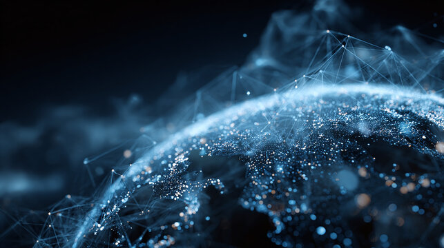 A digital representation of the Earth with interconnected network of nodes and lines, illustrating global connectivity and technological advancement.