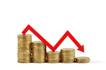 Stack of coins with red decreasing arrow - Loss of money concept