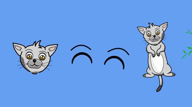 Cartoon style animation of a cat, a cat's head, a sofa, and a plant pot on a blue background, artistic drawing.