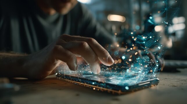 A person interacts with a smartphone, emitting a digital display of sparkling particles and light, symbolizing technology and creativity.