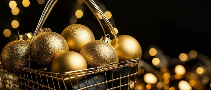 Glittering gold Christmas baubles in a metallic shopping basket against a dark background with bokeh lights, merging holiday and shopping concepts