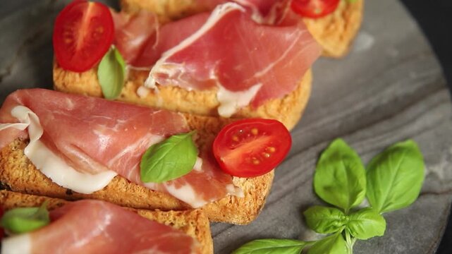 jamon bruschetta prosciutto appetizer portioned tapas dish natural tasty snack fresh gourmet food background on the table rustic top view copy space